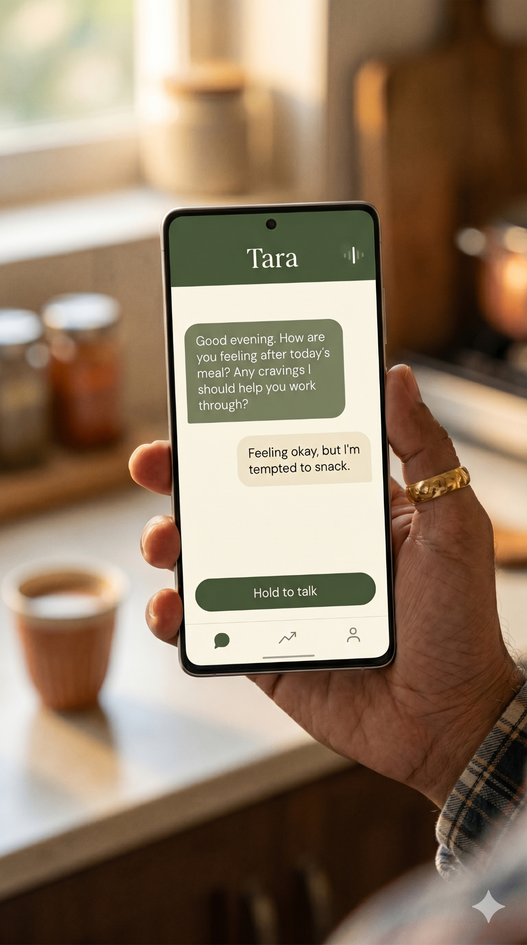 Tara, the Sated AI health coach app, in use